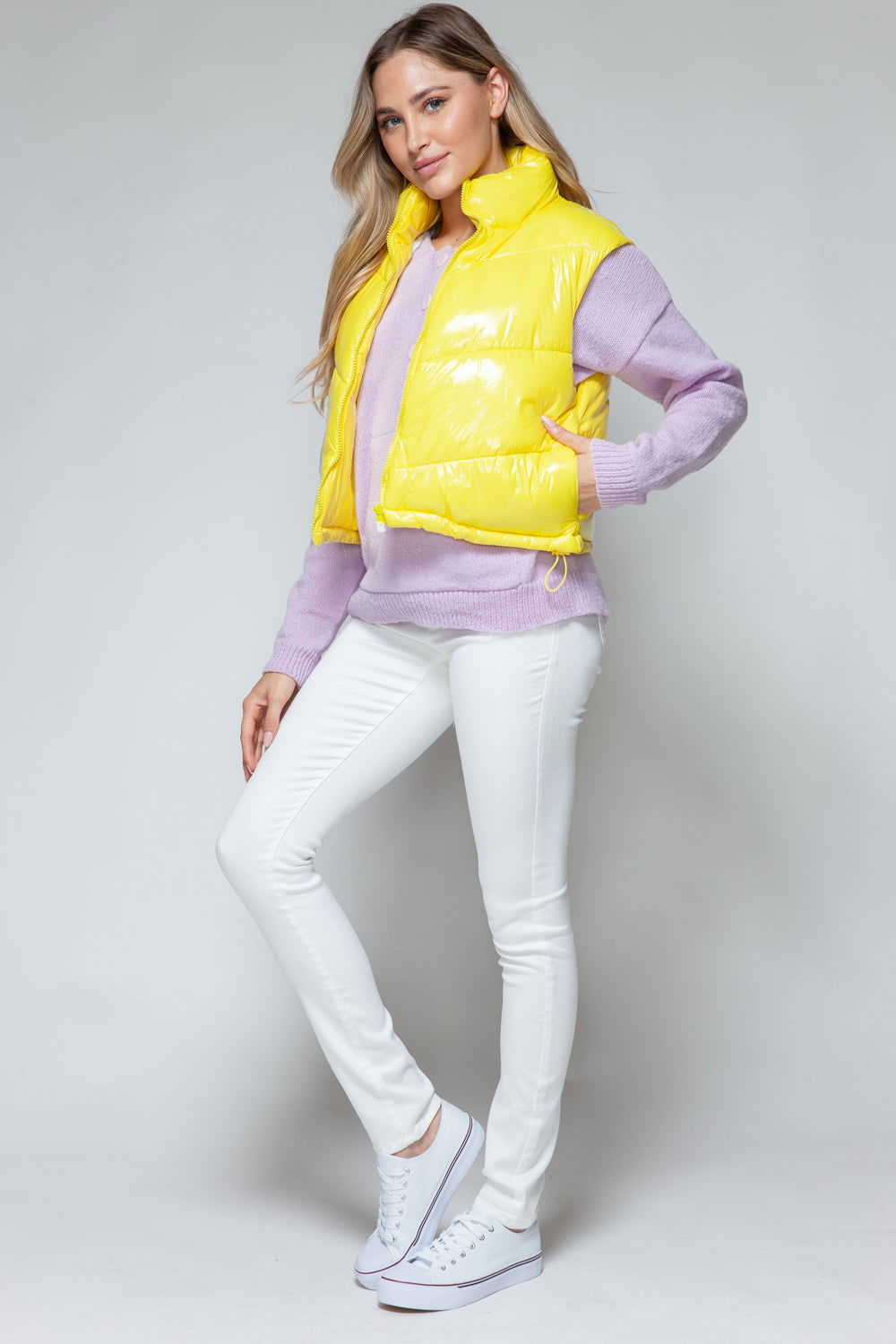 Snobbish Zip Up Turtleneck Shiny Quilted Vest In Yellow us.meeeshop - 