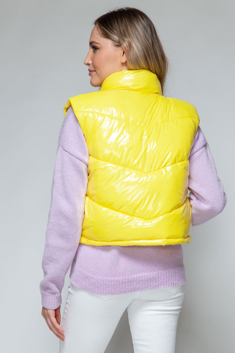 Snobbish Zip Up Turtleneck Shiny Quilted Vest In Yellow us.meeeshop - 