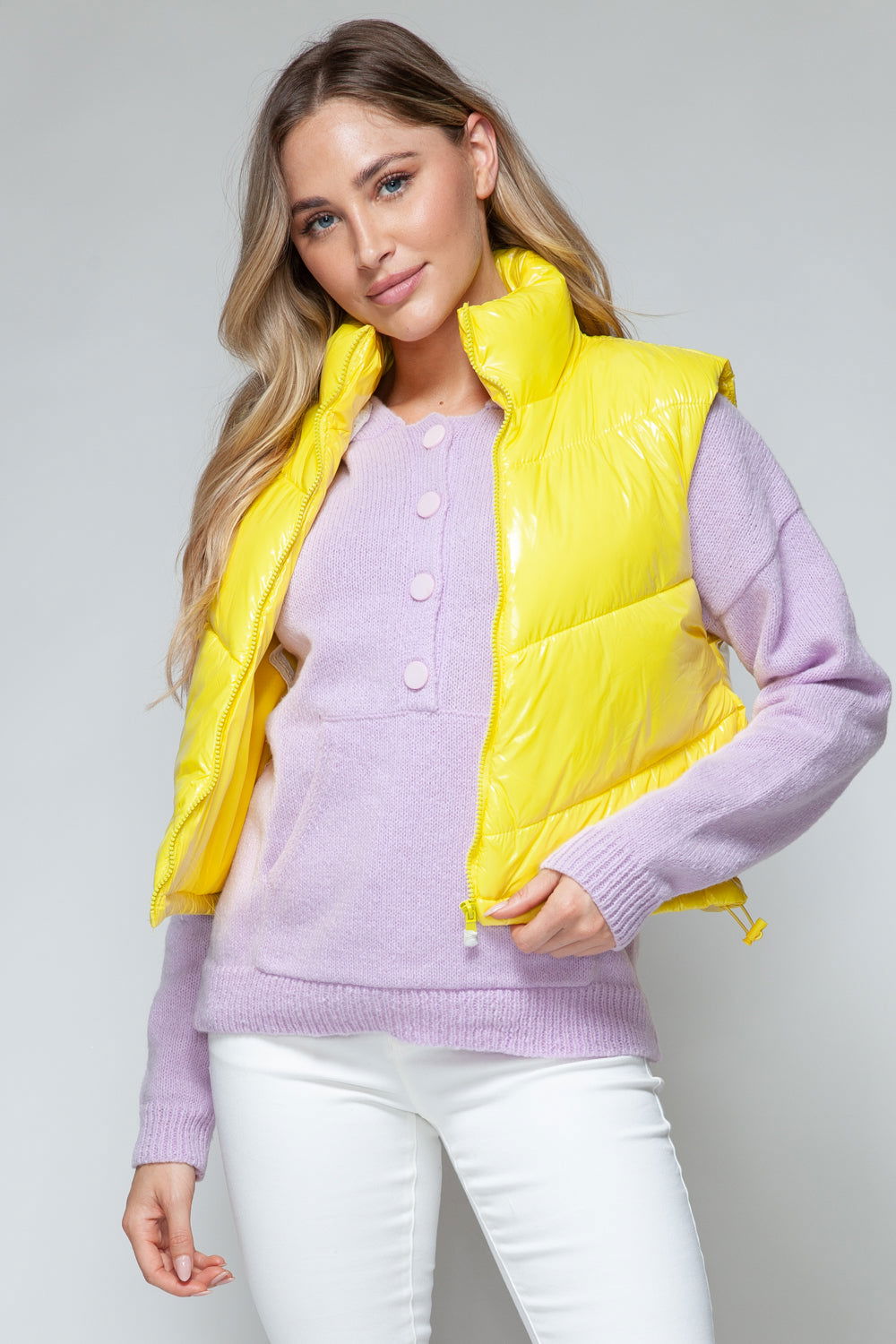 Snobbish Zip Up Turtleneck Shiny Quilted Vest In Yellow us.meeeshop - 