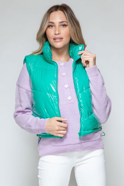 Snobbish Zip Up Turtleneck Shiny Quilted Vest us.meeeshop - Vests