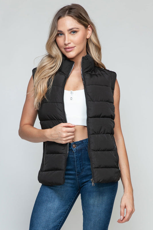 Snobbish Zip Up Turtleneck Vest with Pockets In Black us.meeeshop - Vests