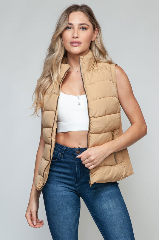 Snobbish Zip Up Turtleneck Vest with Pockets In Iced Coffee us.meeeshop - Vests