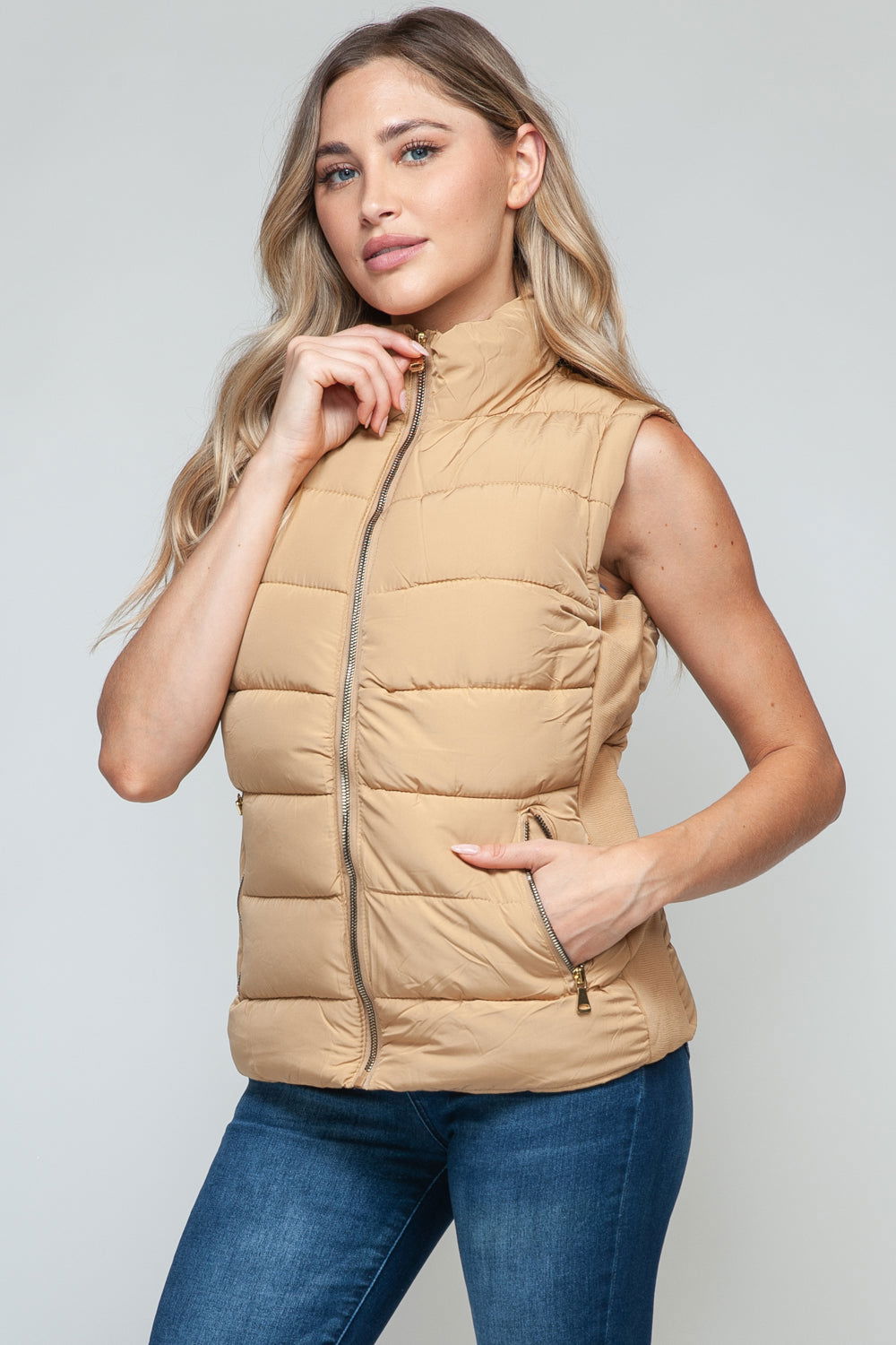 Snobbish Zip Up Turtleneck Vest with Pockets In Iced Coffee us.meeeshop - 