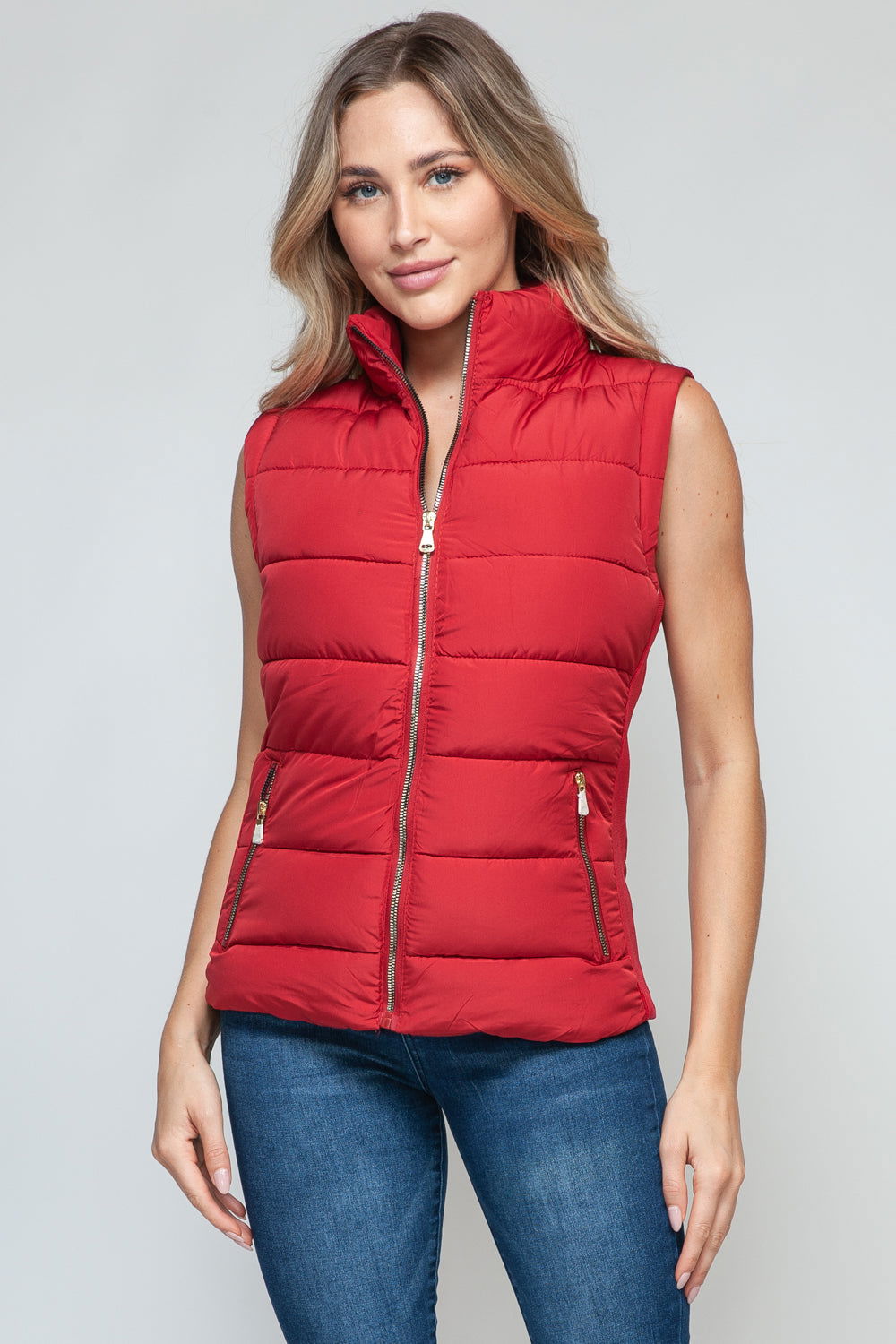 Snobbish Zip Up Turtleneck Vest with Pockets In Red us.meeeshop - 