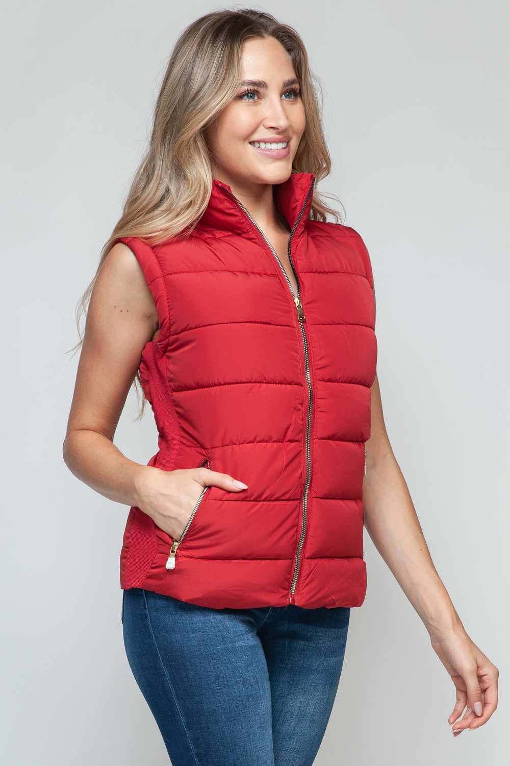 Snobbish Zip Up Turtleneck Vest with Pockets In Red us.meeeshop - 