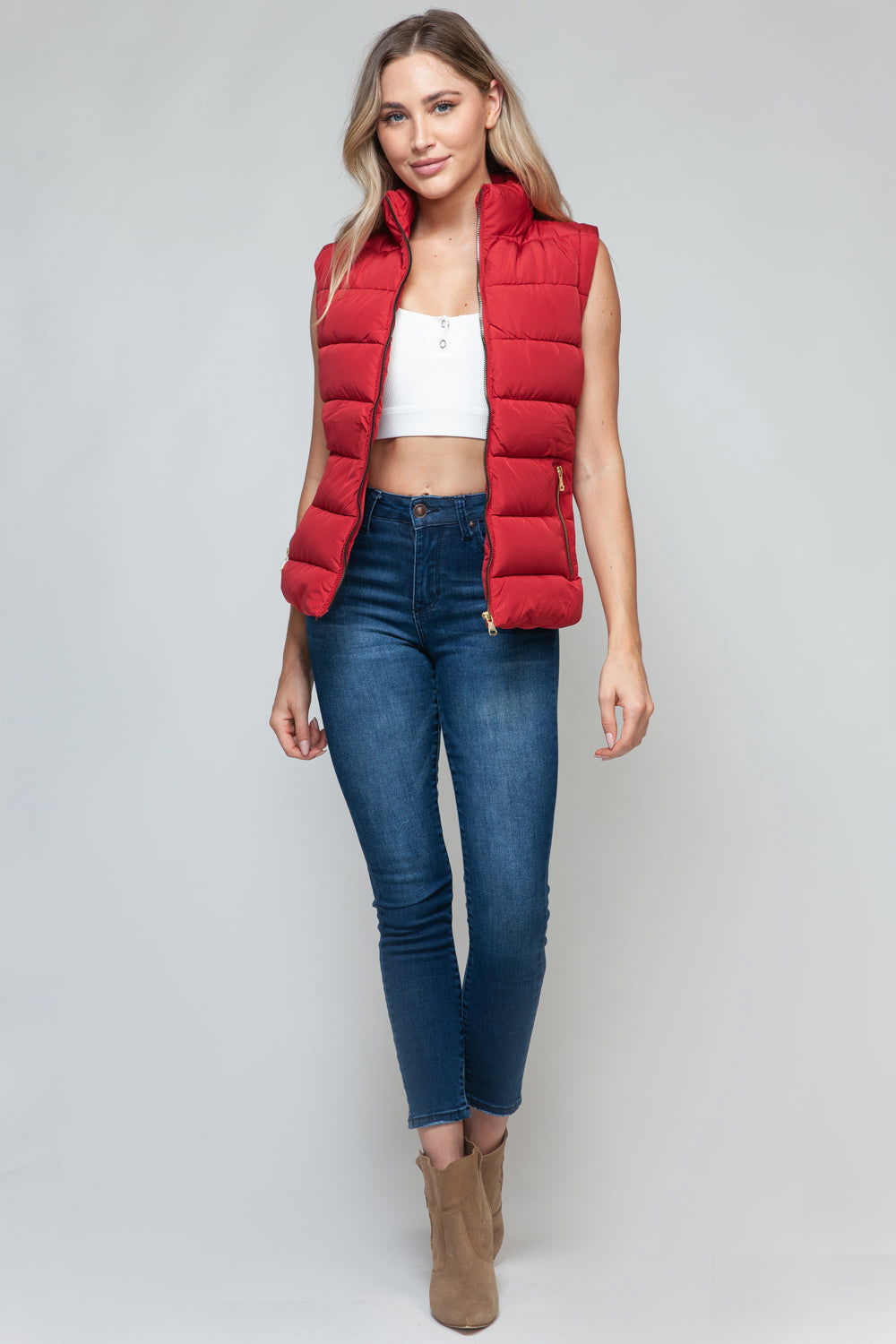 Snobbish Zip Up Turtleneck Vest with Pockets In Red us.meeeshop - 