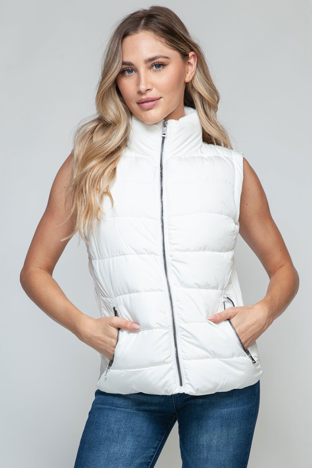 Snobbish Zip Up Turtleneck Vest with Pockets In White us.meeeshop - Vests