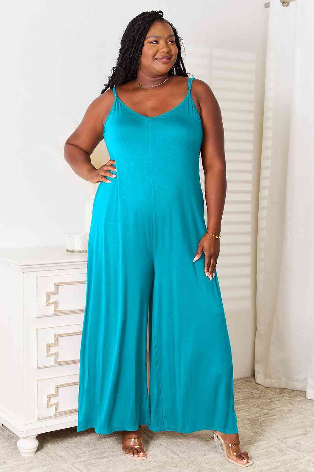 Soft Rayon Spaghetti Strap Tied Wide Leg Jumpsuit - us.meeeshop