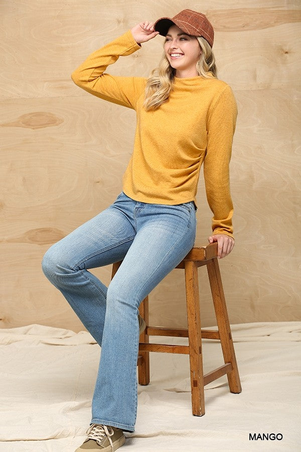 Solid And Cozy Soft Knit Mock Neck Top With Side Ruched Detail | us.meeeshop