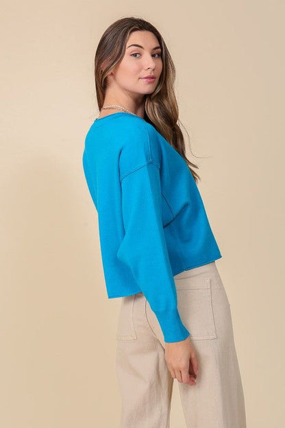 Solid Drop Shoulder V Neck Top us.meeeshop - 