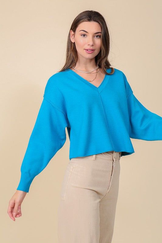 Solid Drop Shoulder V Neck Top us.meeeshop - 