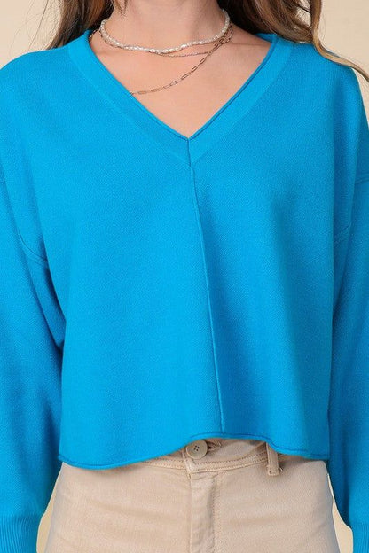 Solid Drop Shoulder V Neck Top us.meeeshop - 