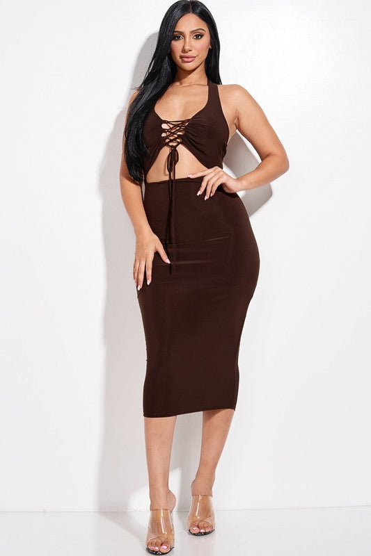 Solid Halter Neck Midi Dress With Criss Cross Front And Cutout | us.meeeshop