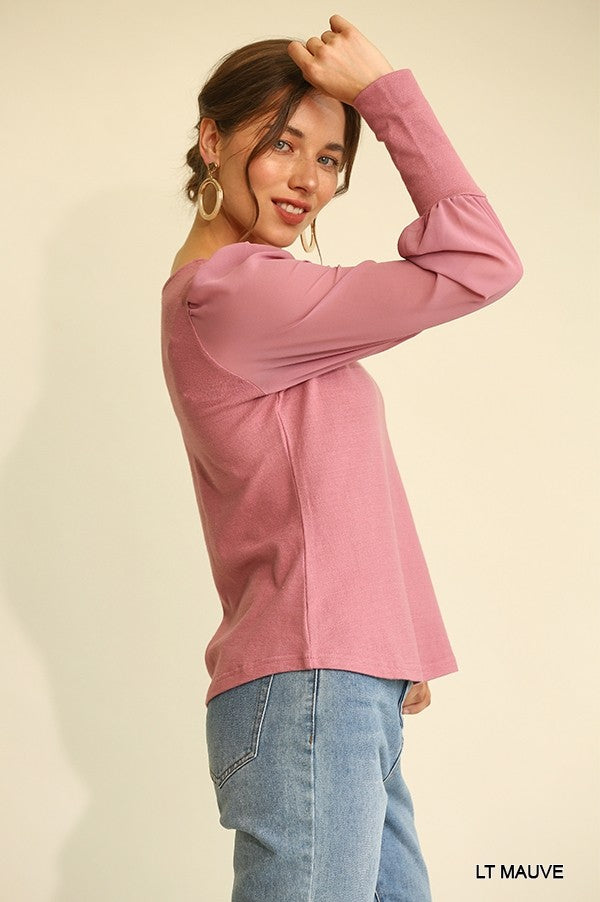 Solid Knit And Chiffon Mixed Top With Puff Long Sleeve | us.meeeshop