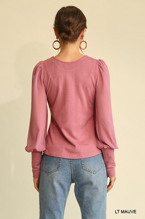 Solid Knit And Chiffon Mixed Top With Puff Long Sleeve | us.meeeshop