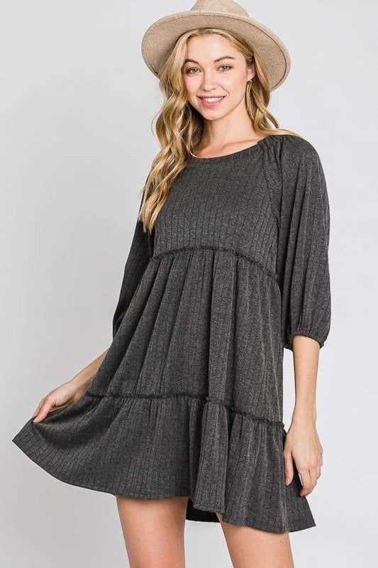 Solid Rib Casual Babydoll Tiered Dress us.meeeshop - 