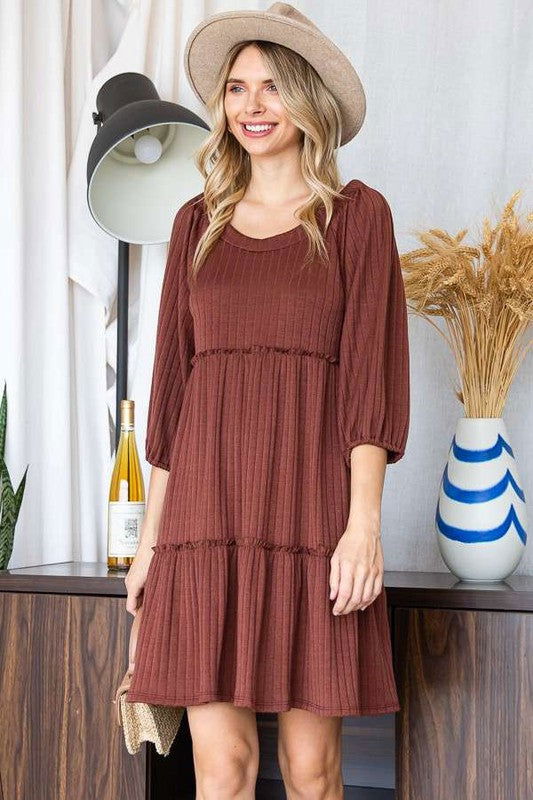 Solid Rib Casual Babydoll Tiered Dress us.meeeshop - 