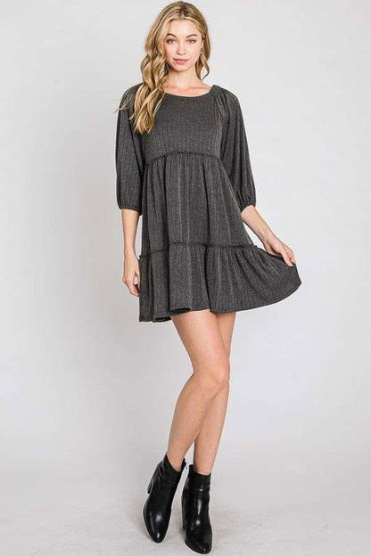 Solid Rib Casual Babydoll Tiered Dress us.meeeshop - 