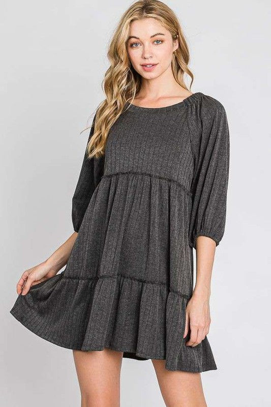 Solid Rib Casual Babydoll Tiered Dress us.meeeshop - 