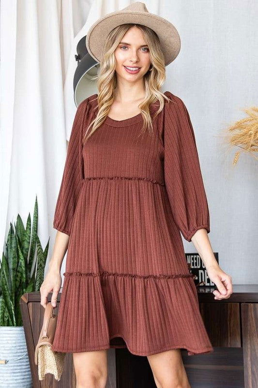 Solid Rib Casual Babydoll Tiered Dress us.meeeshop - 