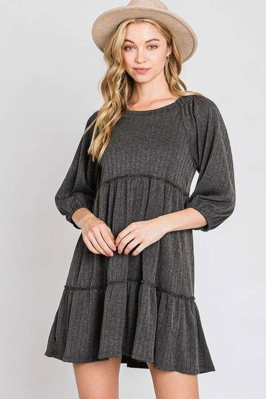 Solid Rib Casual Babydoll Tiered Dress us.meeeshop - Dresses