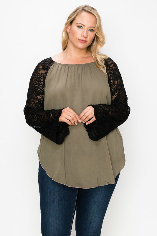 Solid Top Featuring Flattering Lace Bell Sleeves | us.meeeshop
