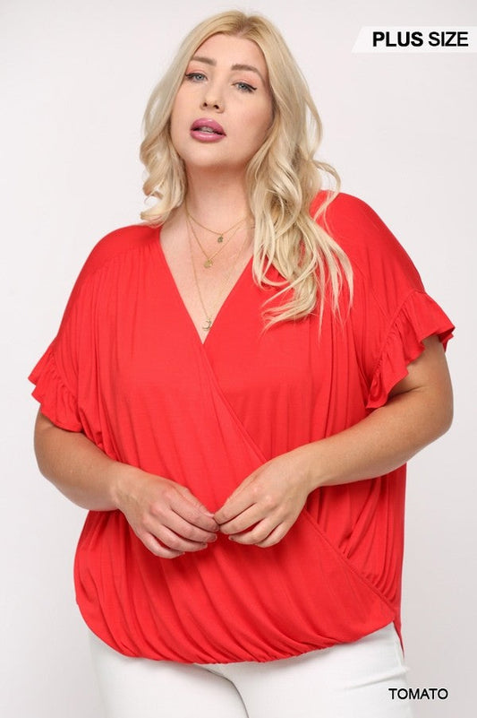 Solid Viscose Knit Surplice Top With Ruffle Sleeve | us.meeeshop