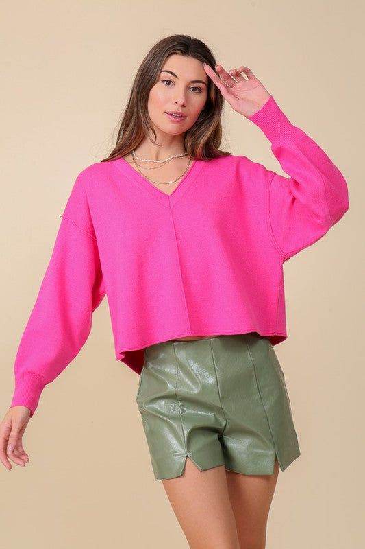 Solid Drop Shoulder V Neck Top - us.meeeshop