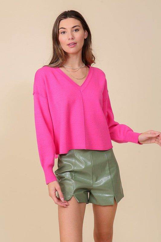 Solid Drop Shoulder V Neck Top - us.meeeshop