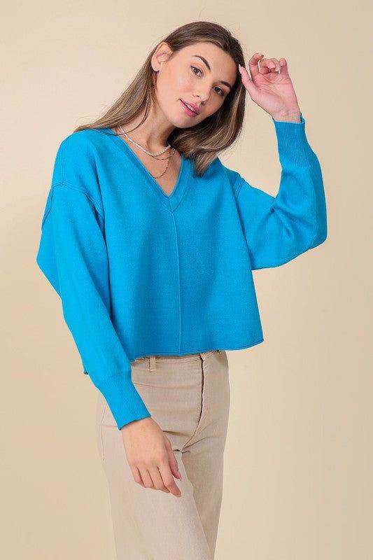 Solid Drop Shoulder V Neck Top - us.meeeshop