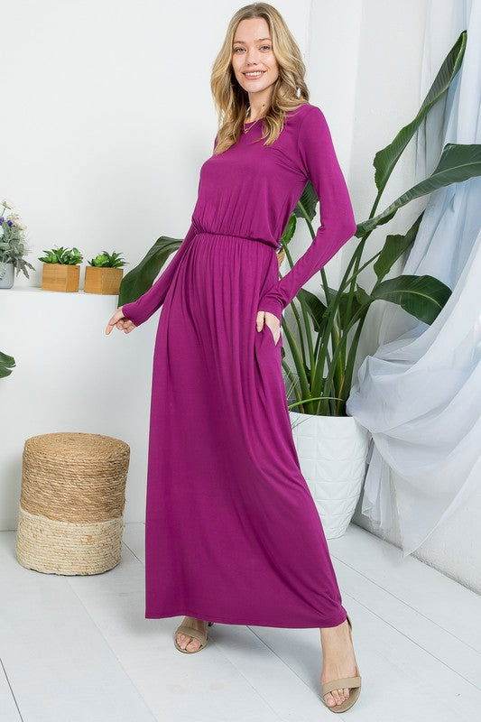 Solid Elastic Waist Maxi Dress - us.meeeshop