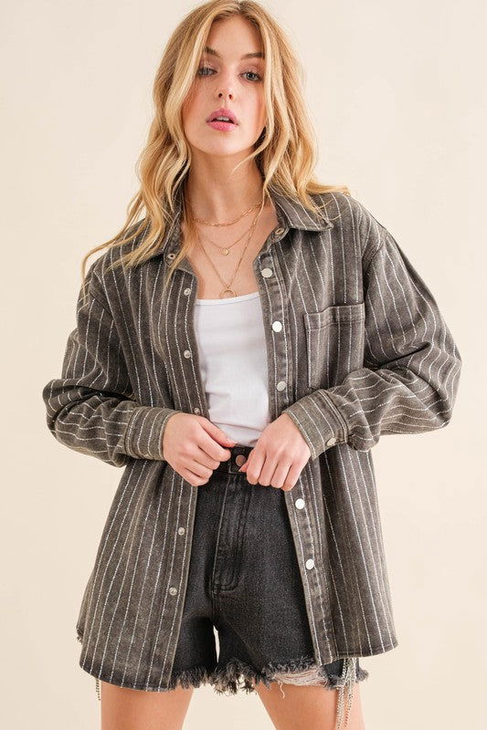 Sparkle Stone Stripe Denim Jacket us.meeeshop - Coats & Jackets