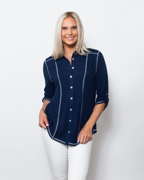 Seersucker Contrast Stitching Button Up