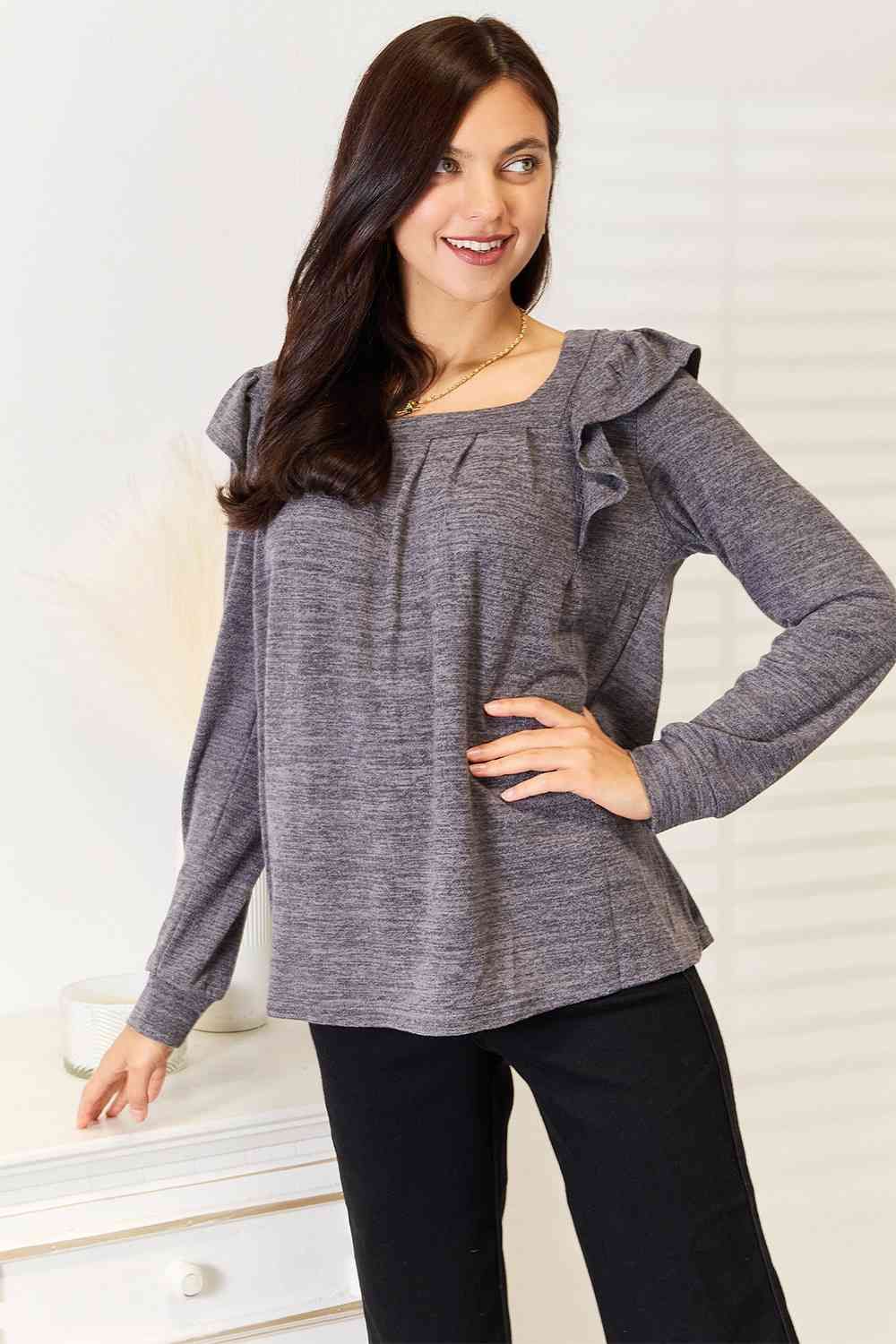 Square Neck Ruffle Shoulder Long Sleeve T-Shirt us.meeeshop - 