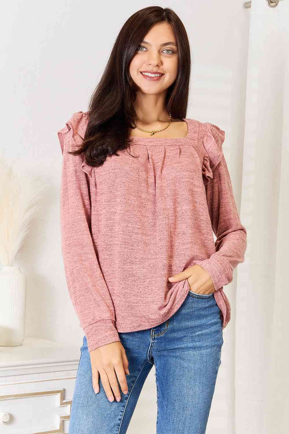 Square Neck Ruffle Shoulder Long Sleeve T-Shirt us.meeeshop - Shirts & Tops