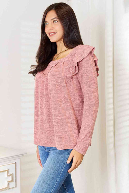 Square Neck Ruffle Shoulder Long Sleeve T-Shirt us.meeeshop - 