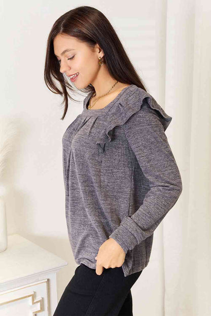 Square Neck Ruffle Shoulder Long Sleeve T-Shirt us.meeeshop - 