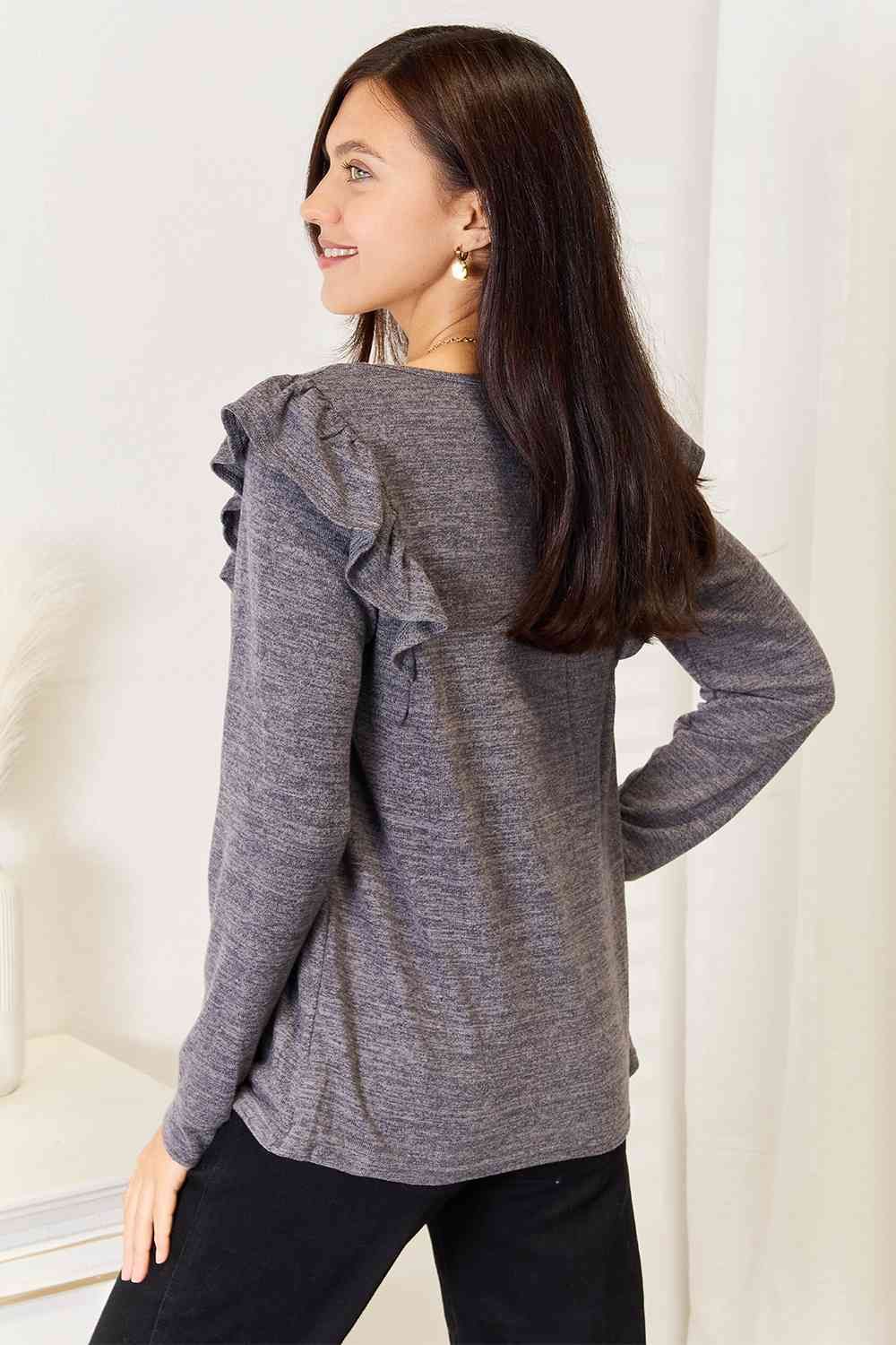 Square Neck Ruffle Shoulder Long Sleeve T-Shirt us.meeeshop - 