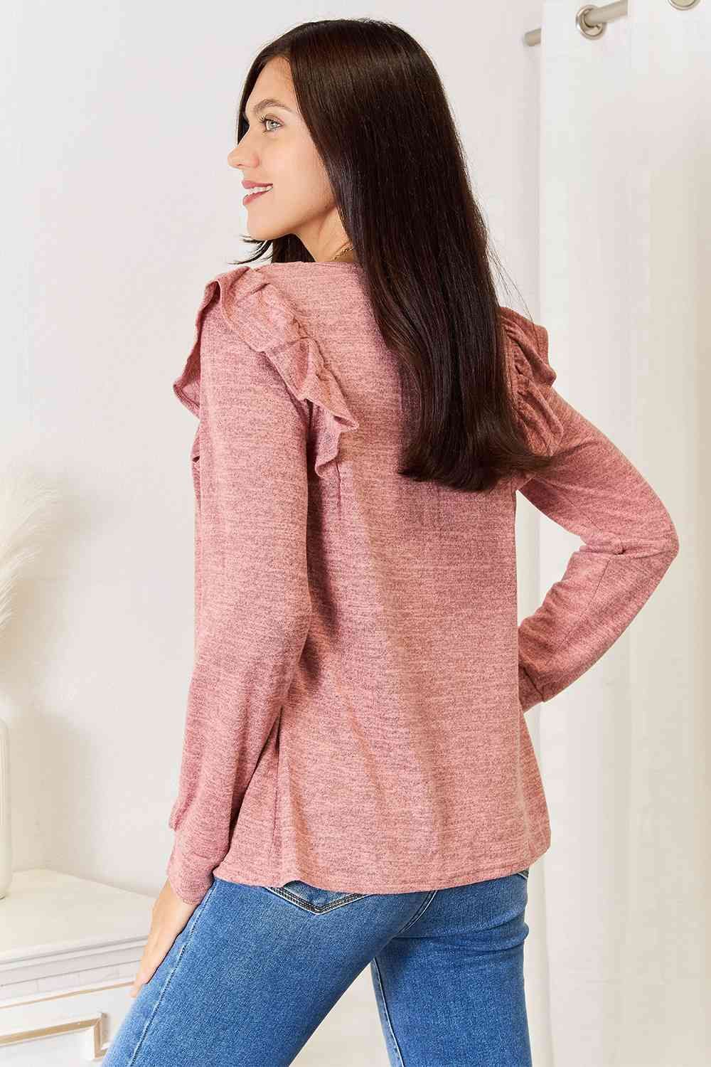 Square Neck Ruffle Shoulder Long Sleeve T-Shirt us.meeeshop - 