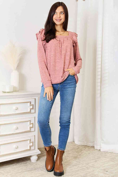 Square Neck Ruffle Shoulder Long Sleeve T-Shirt us.meeeshop - 