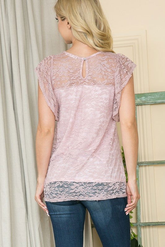 Stretch Lace Flutter Sleeve Top us.meeeshop - 