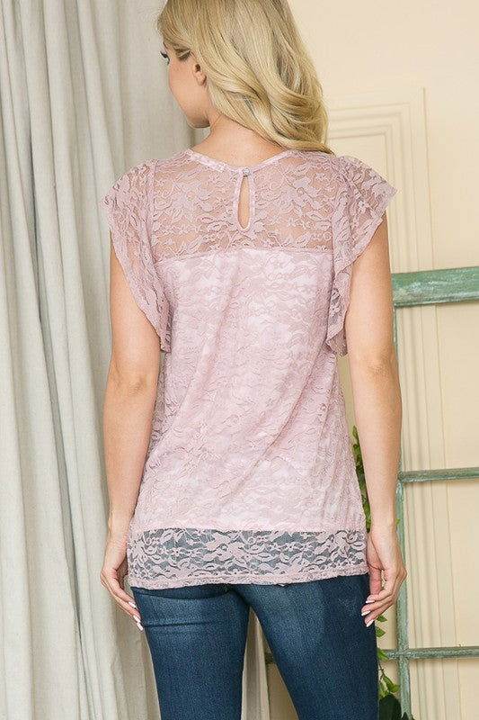 Stretch Lace Flutter Sleeve Top - us.meeeshop