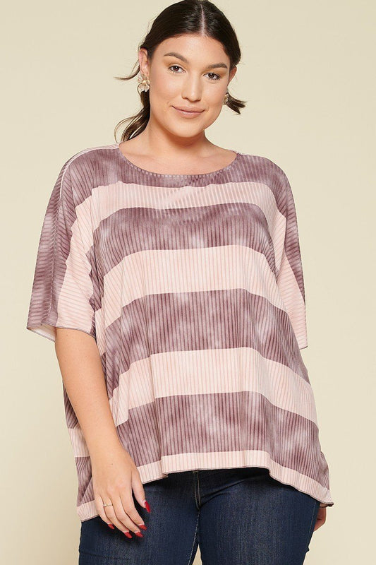 Stripe Printed Pleated Blouse Featuring A Boat Neckline And 1/2 Sleeves | us.meeeshop