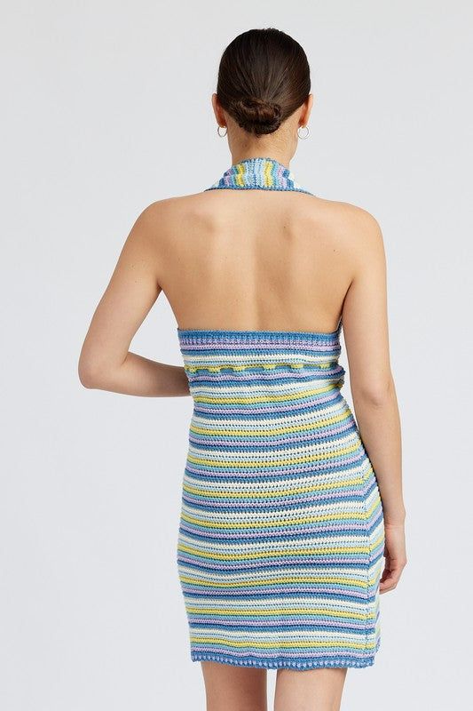 Striped Crochet Mini Dress Wtih Halter Neck us.meeeshop - 