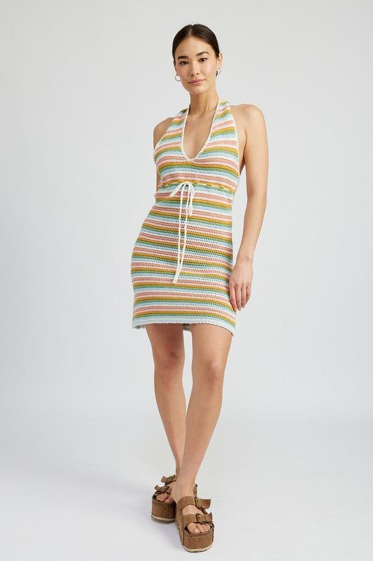 Striped Crochet Mini Dress Wtih Halter Neck us.meeeshop - 