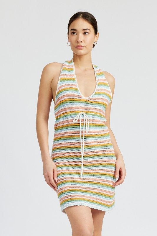 Striped Crochet Mini Dress Wtih Halter Neck us.meeeshop - 