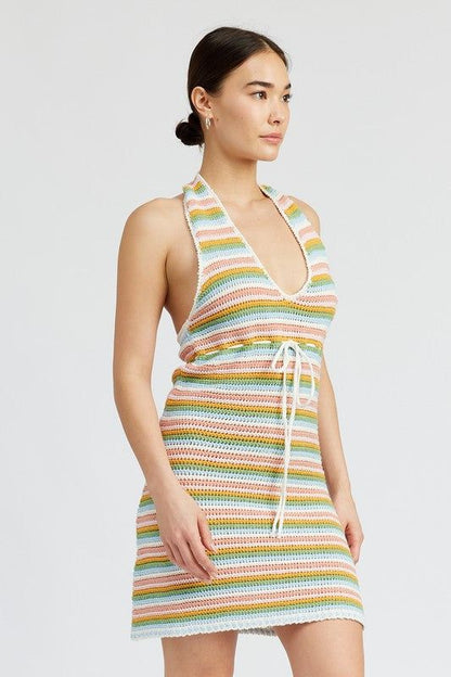 Striped Crochet Mini Dress Wtih Halter Neck us.meeeshop - 