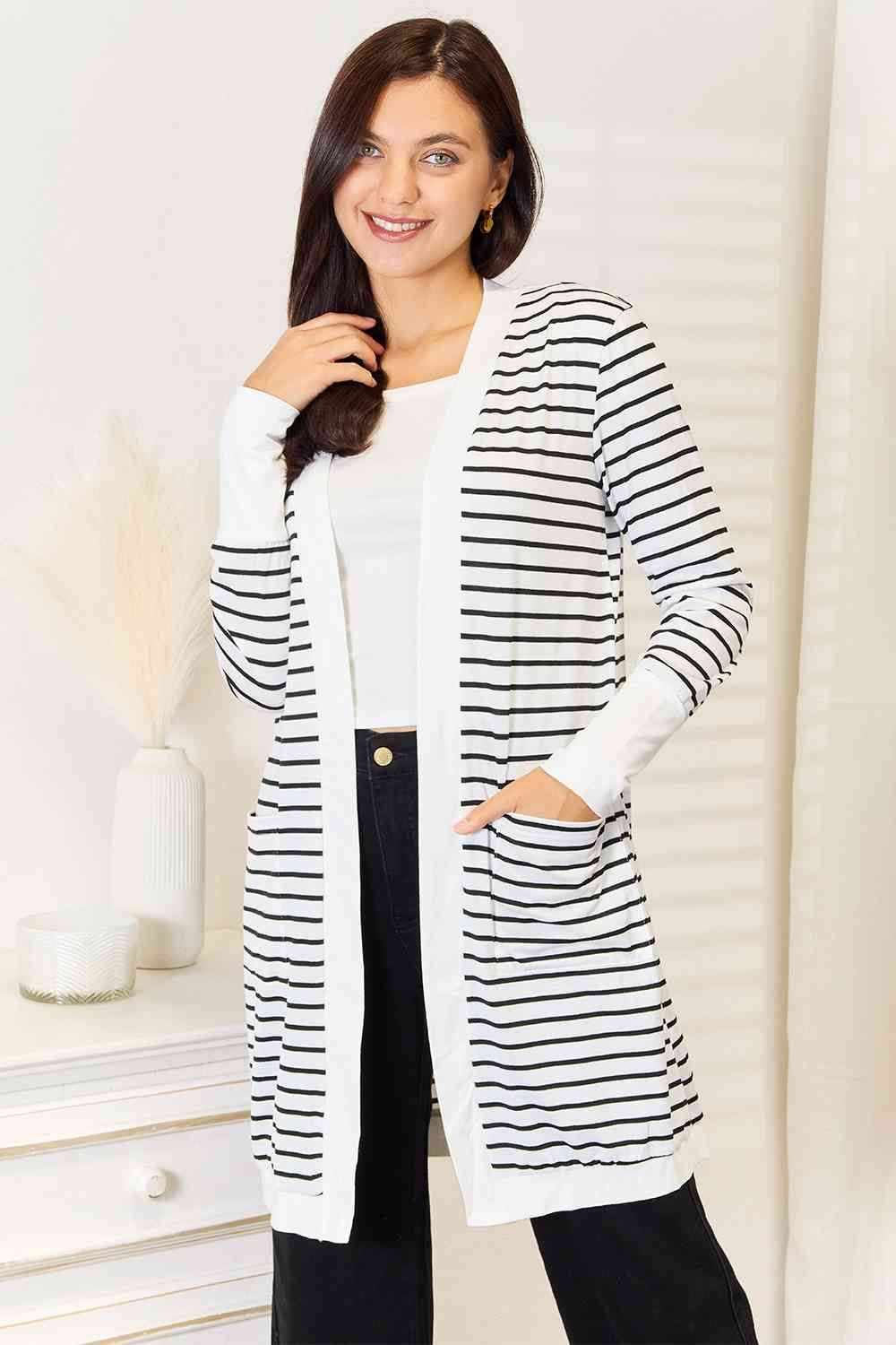 Striped Open Front Longline Cardigan us.meeeshop - Shirts & Tops