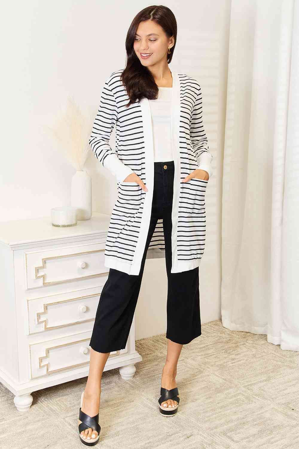 Striped Open Front Longline Cardigan us.meeeshop - 