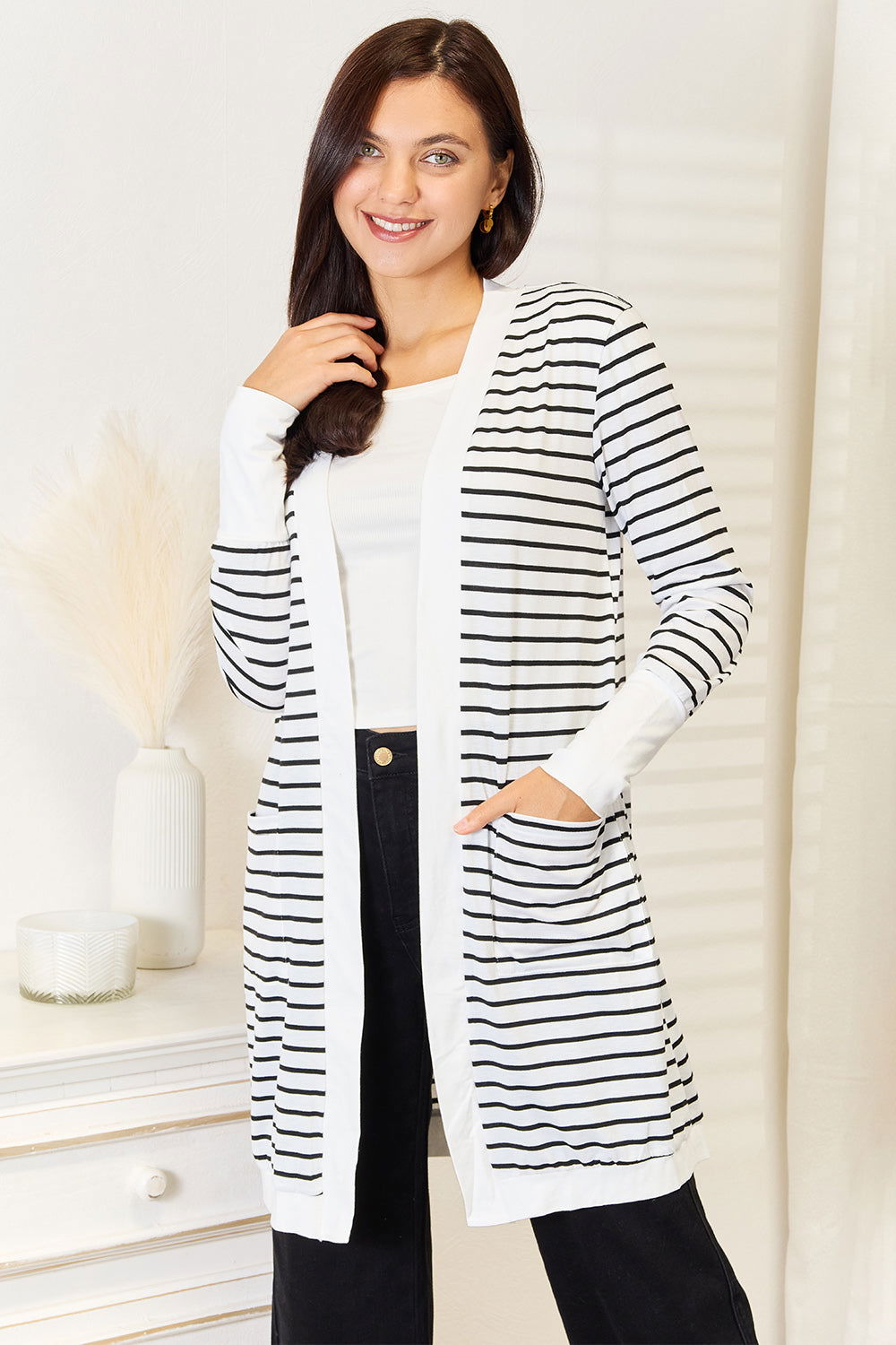 Striped Open Front Longline Cardigan us.meeeshop - 